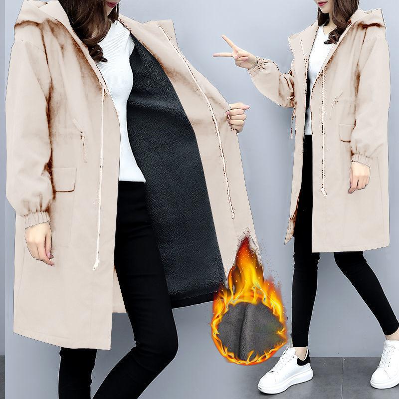Тренчи женские осенне-зимние с капюшоном на шнурке и карманом на молнии длинная верхняя одежда больших размеров элегантные женские утепленные ветровки пальто