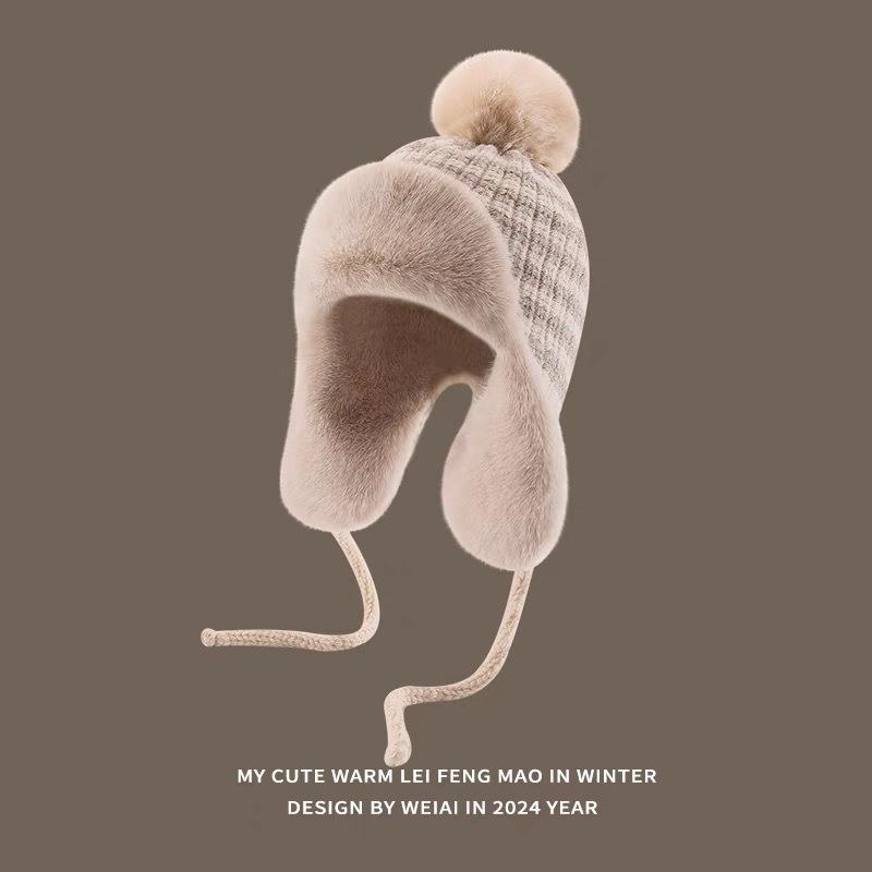 Зимняя плюшевая утолщенная шапка-ушанка из шерстяного шарика, вязаная плюшевая шапка-ушанка для защиты ушей для женщин, полосатая, ретро, для большой головы, для велоспорта