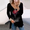 Women Autumn Water Rose Printed Long Sleeve T-Shirts Loose V-Neck Plus Size Tee Shirt Tops Comfy Blouse