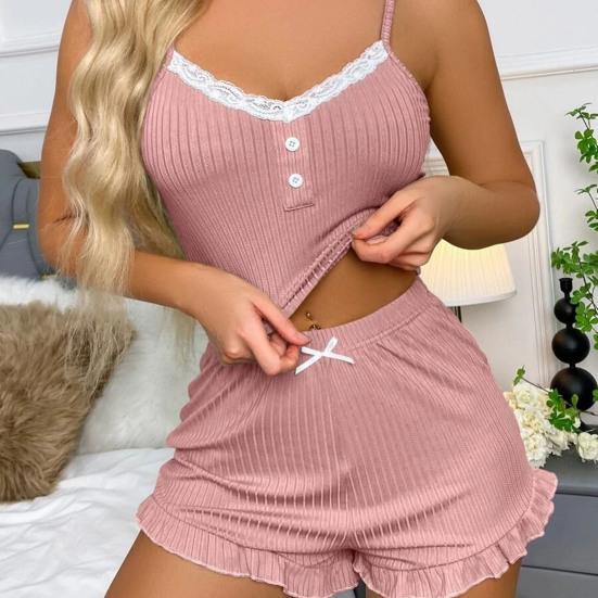 Женский сексуальный пижамный комплект из 2 предметов, ребристый кружевной топ на пуговицах, шорты с оборками по низу, комплект одежды для сна, летняя повседневная домашняя одежда