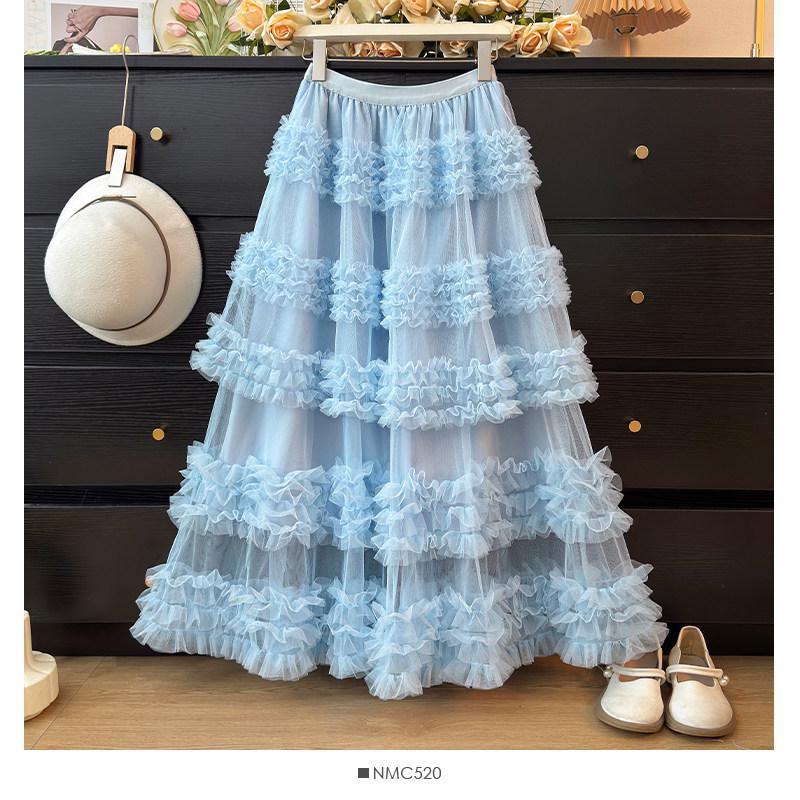 Стиль Sweet High Waist Макси Юбка из Кружевной Марли с Оборками