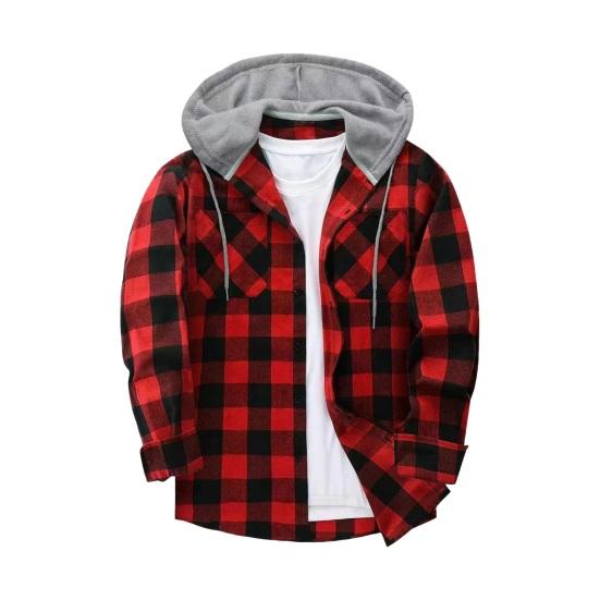 Fall Spring Men Shirt Hooded Drawstring Long Sleeves Color Matching Plaid Print Single-breasted Daily Wear School