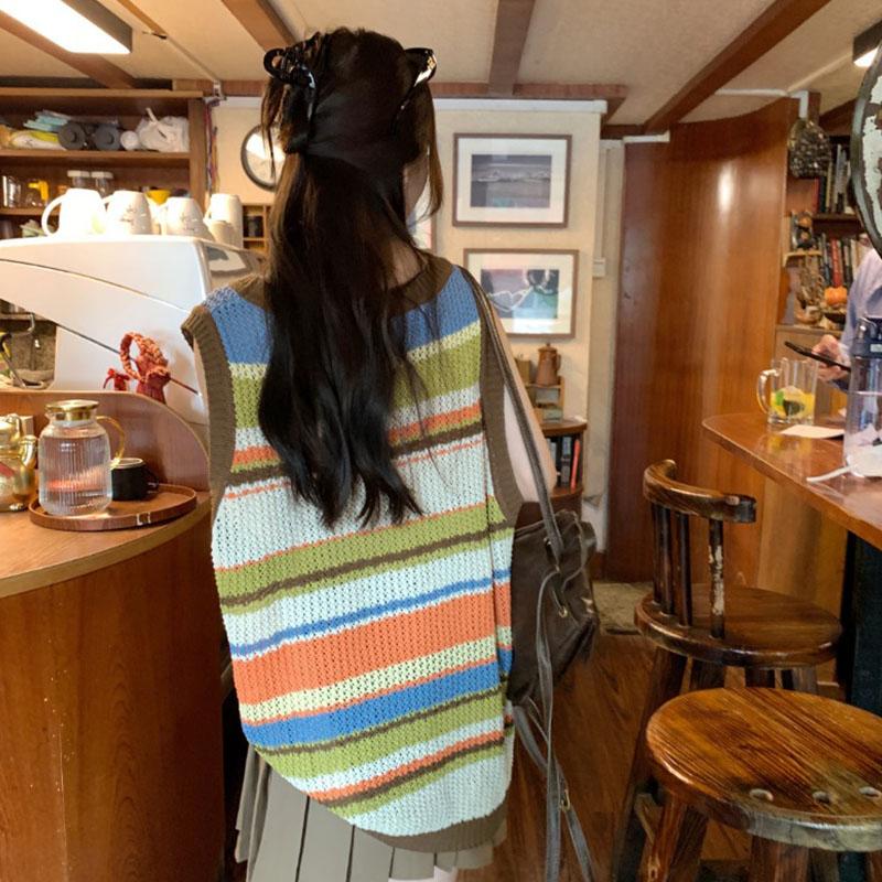 Радужный пуловер, женский полосатый ажурный дизайн, вязаный жилет для женщин, летний свободный свитер, пуловер, женский топ