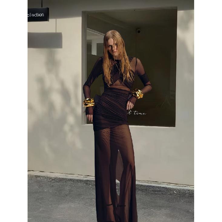 Прозрачное макси-платье в сетку пэчворк для женщин, с длинными рукавами и сборками, облегающее фигуру, для вечеринок, клубов, вечерних мероприятий, элегантное платье