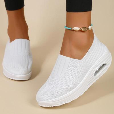 Модная весенняя белая повседневная обувь, спортивная обувь на платформе с воздушной подушкой, женские дышащие кроссовки на толстой подошве, вязаные слипоны для ходьбы