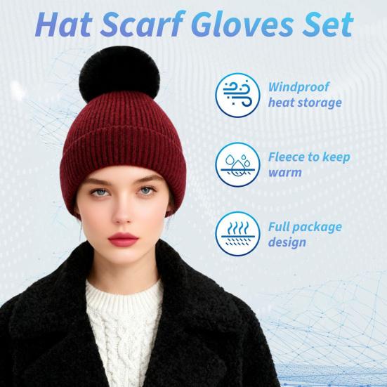 3Pcs/Set Women Winter Hat Scarf Gloves Set Plush Ball Decor Elastic Knitting Hat Long Scarf Touch Screen Gloves Set