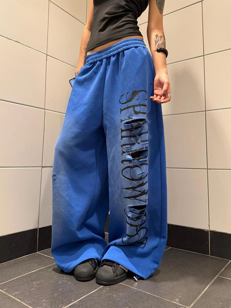 Unisex American Retro Gradient Print Wide-Leg Ripped Pants