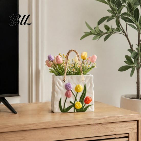Dried Flower Display Vessel Handbag Shaped Ceramic Vase, Tulip Embossed Modern Large Tote Bag Home Decor Ornament Storage Box with Jute Rope