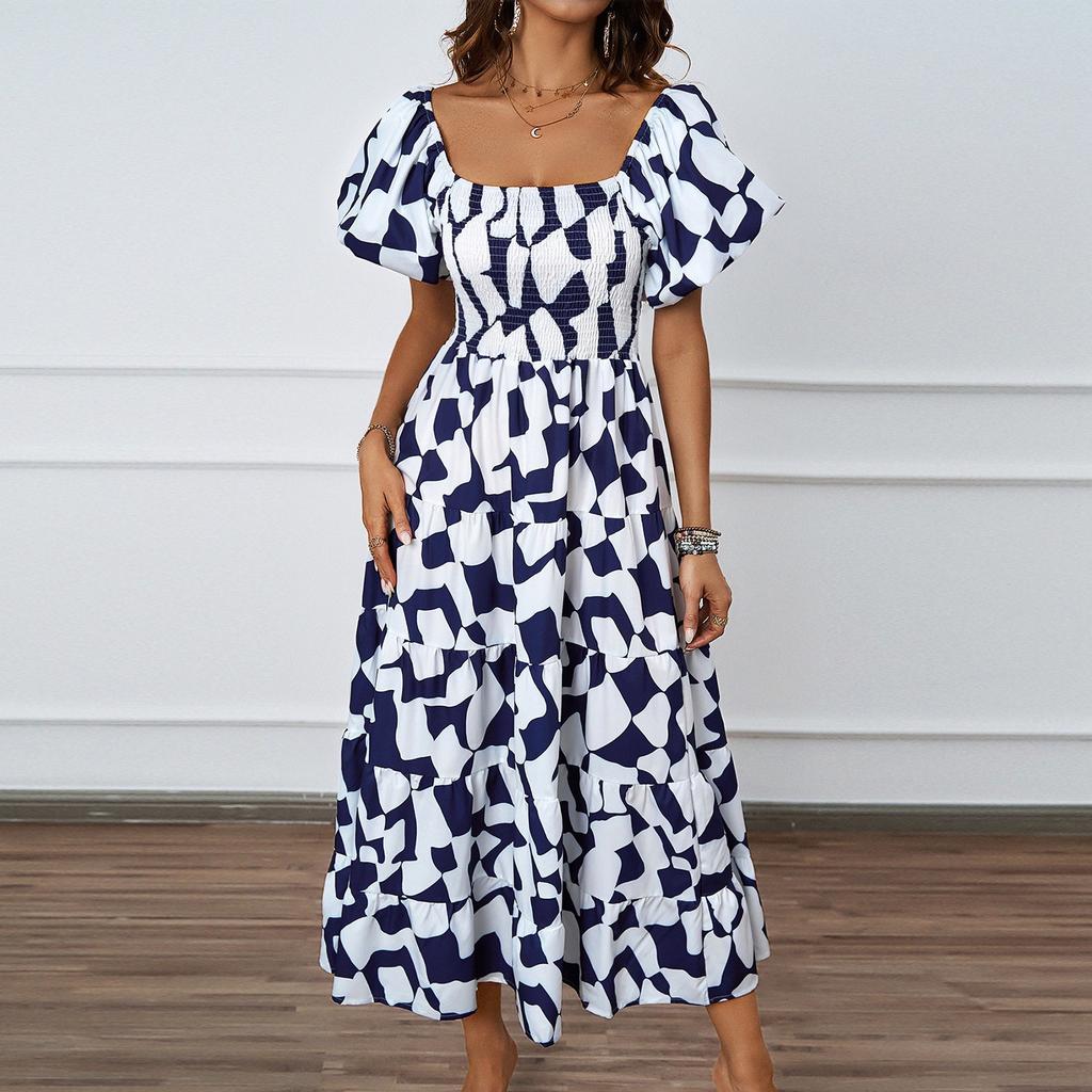 Женское модное платье с квадратным вырезом и цветочным принтом, короткими рукавами и эффектом темперамента