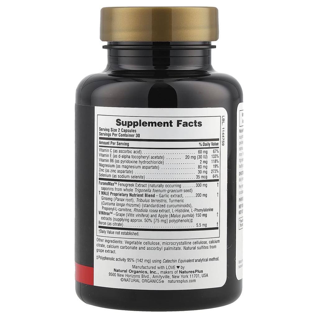 NaturesPlus T для мужчин, Бустер тестостерона для мужчин, 60 вегетарианских капсул