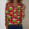Women's Fashion Casual V-Neck Long Sleeve Decorative Button Christmas Print Top