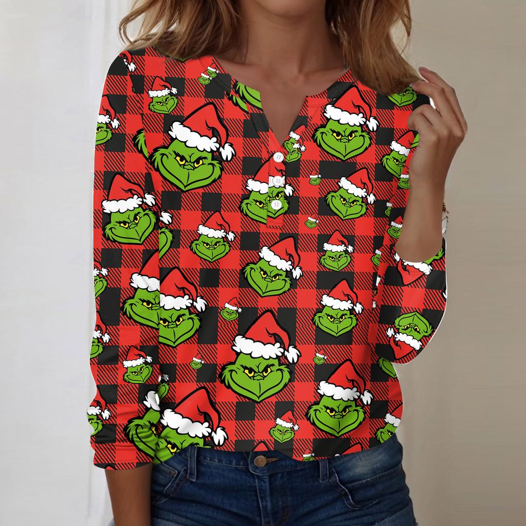 Women's Fashion Casual V-Neck Long Sleeve Decorative Button Christmas Print Top