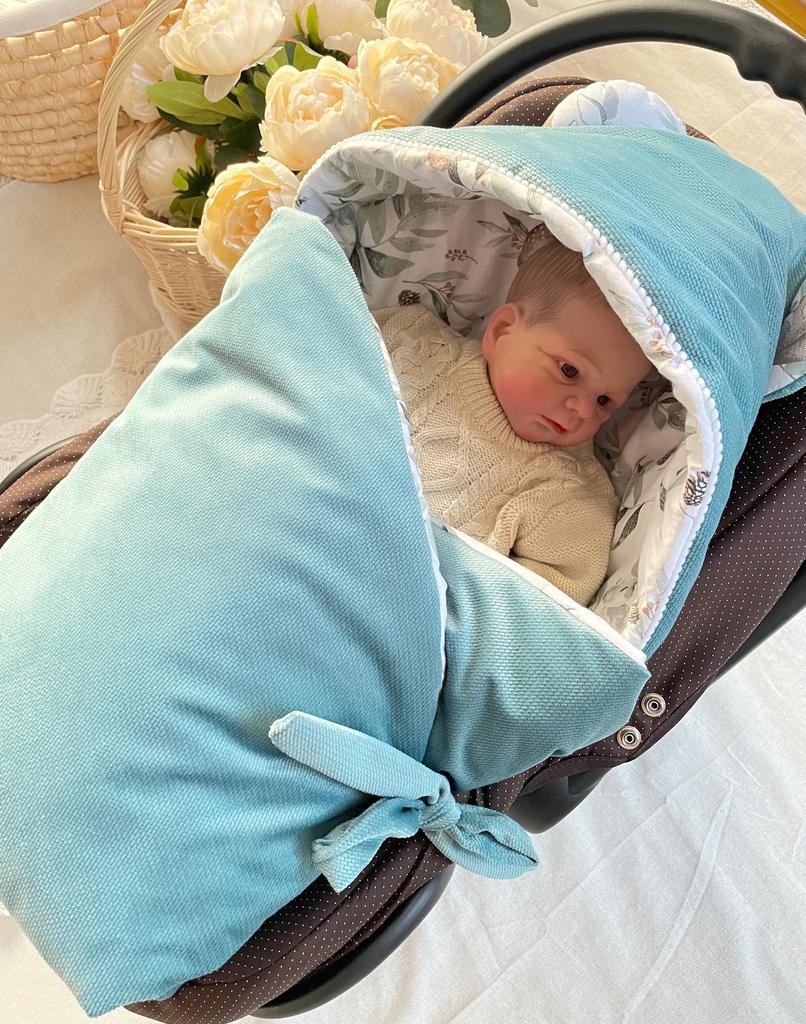 Sleeping bag with hood for car seat, velvet/cotton, 90x90 (navy blue + deer)