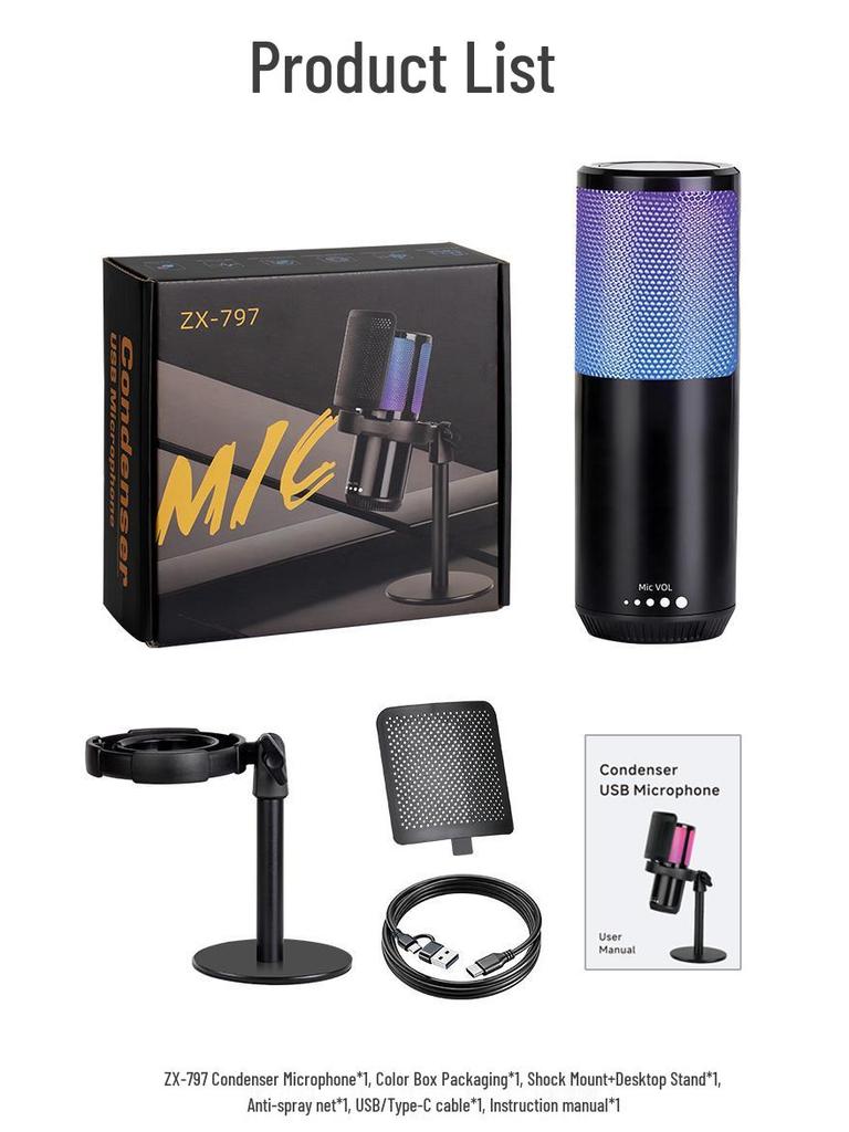 RGB USB Microphone with Desktop Boom Arm, One-Key Mute, Monitoring for Streaming, Gaming, Recording, KTV.