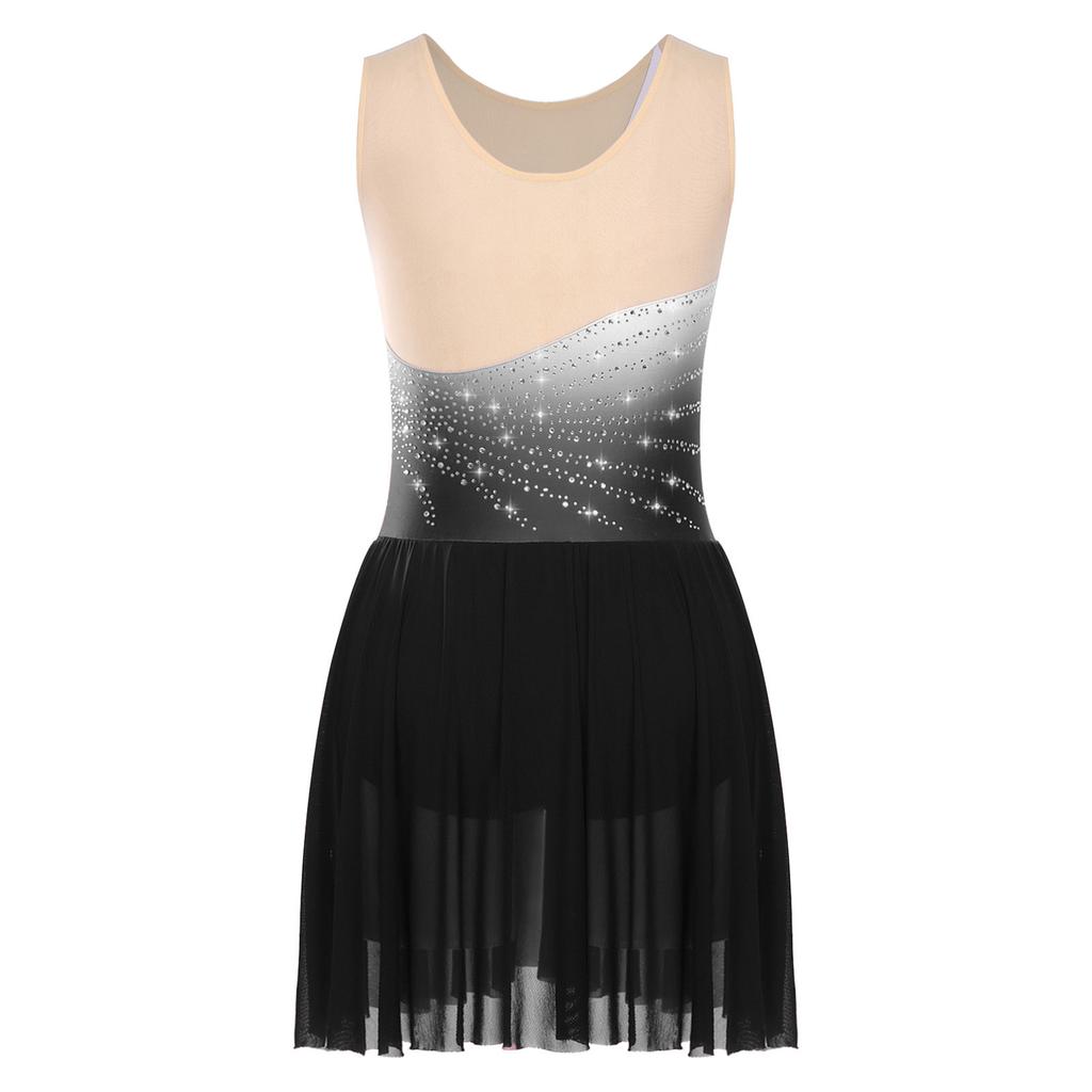 Женское платье для фигурного катания со стразами, сетчатой вставкой, без рукавов, платье для катания на льду, со встроенными трусиками