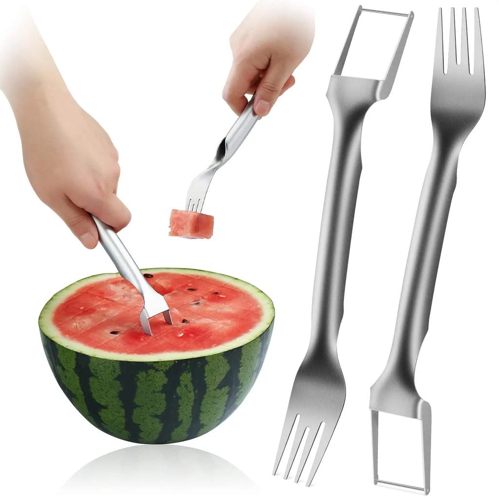 2-in-1 Watermelon Fork, Watermelon Slicer Cutter, Stainless Steel Fruit Cutter Carving Tool for Home Party Camping Fruit Knife