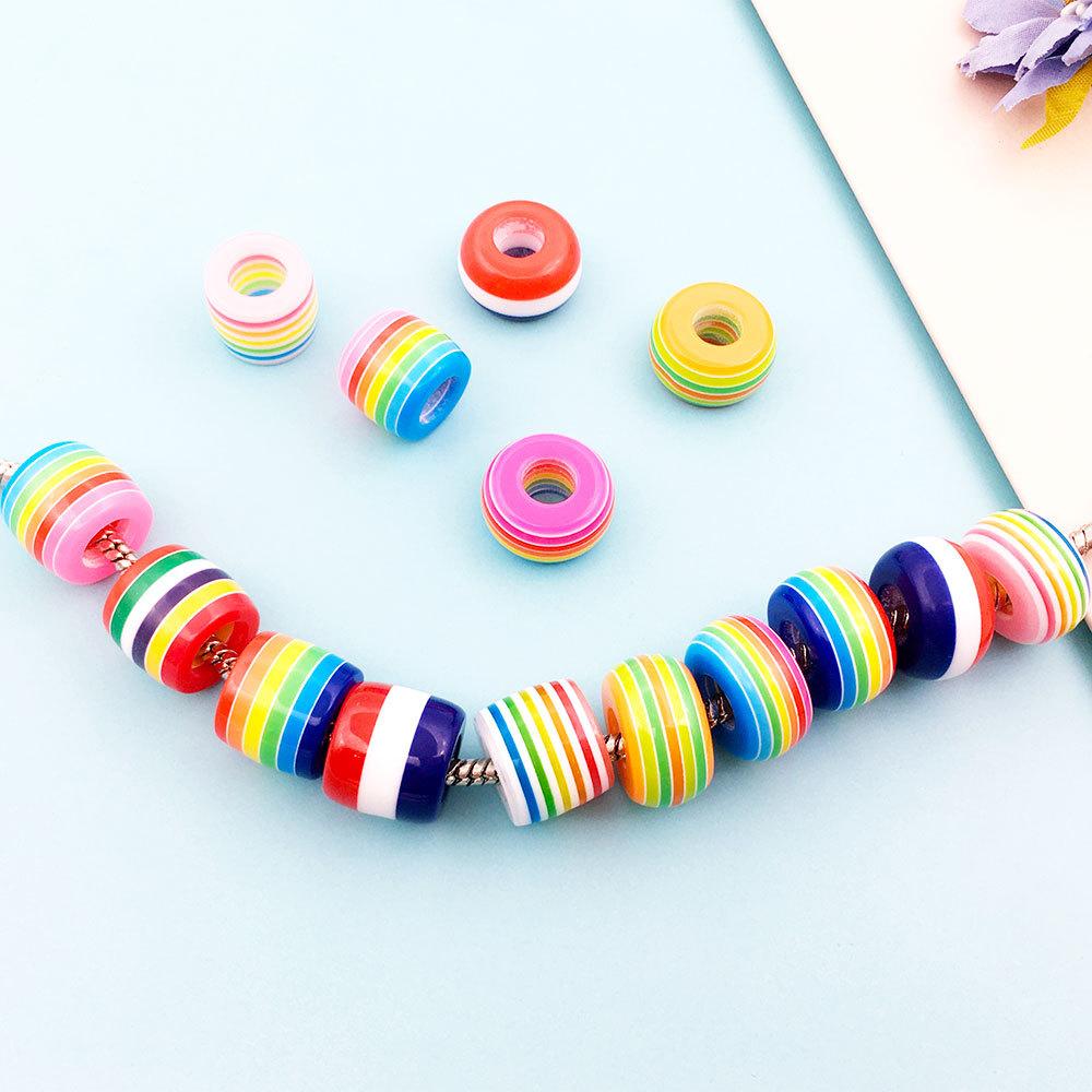 10 шт., 8*14 мм, круглые бусины из смолы в полоску с большим отверстием, акриловые семицветные радужные свободные бусины, браслет «сделай сам», интервальные бусины