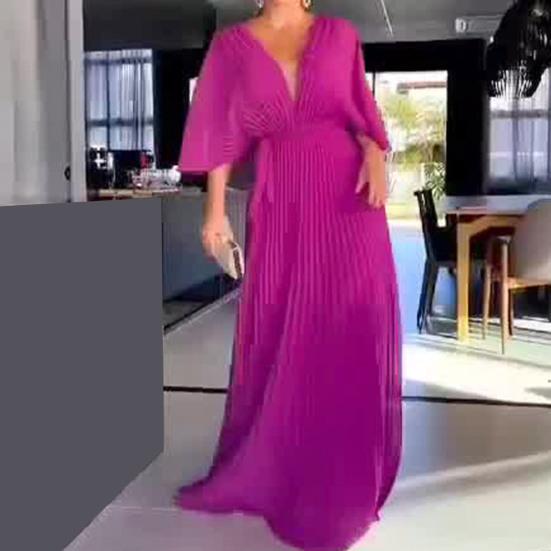 Women Evening Dress Dolman Sleeves Pleated V Neck Pure Color High Slim Waist Full Length