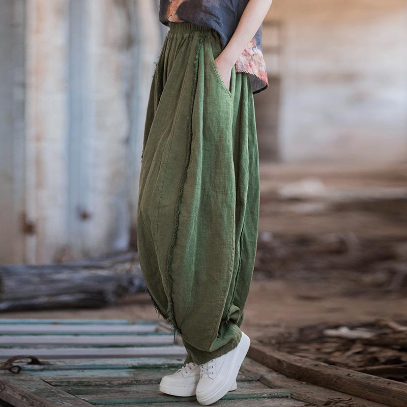 Women Vintage Ramie Pants Solid Color Loose Ramie Trouser Spring Elastic Waist Pockets Women Long Pants