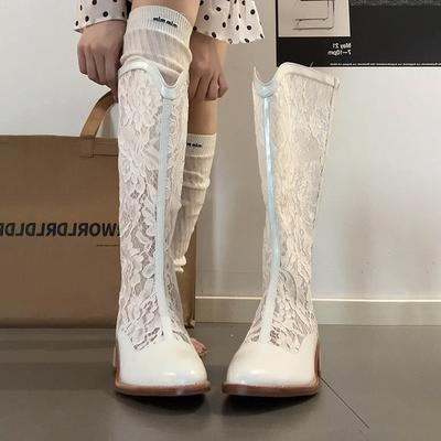 Дизайнерские кружевные ажурные женские ботфорты до колена, модные облегающие туфли на толстом каблуке, летние женские дышащие длинные ботильоны