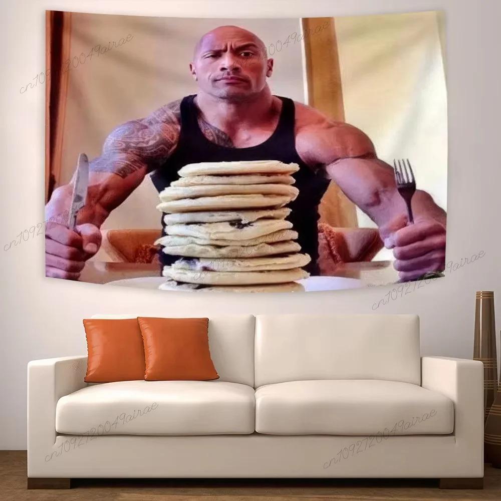 The Rock Pancake Meme Tapestry Funny Pop Culture Print Polyester Wall Hanging for Living Room Viral Meme and Comedy Home Dec