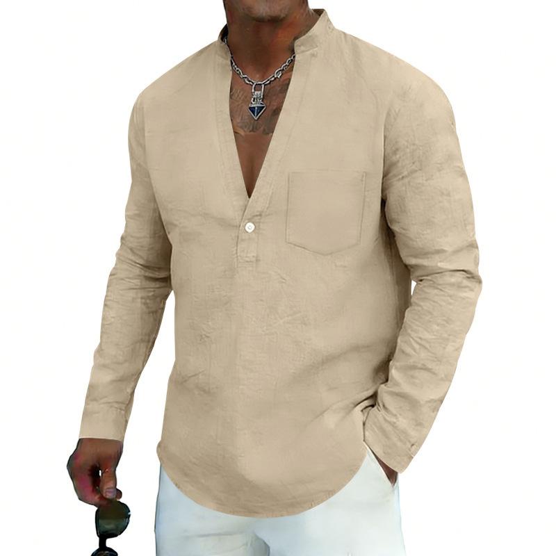 Loose-fit, breathable men’s casual linen shirt with a wide V-neck and a stand-up collar, ideal for outdoor wear