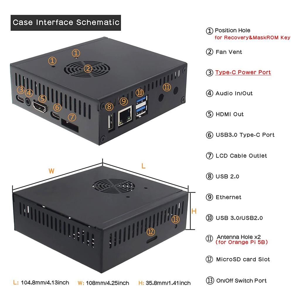 N506 Metal Case- Box for Orange Pi 5 Cooler Radiator- Box Support M2 NVMe SSD 2280 with 5V Cooling Fan 5 Heatsinks