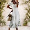Women Plus Size V Neck Short Sleeve Gray Floral Printed Long Dress