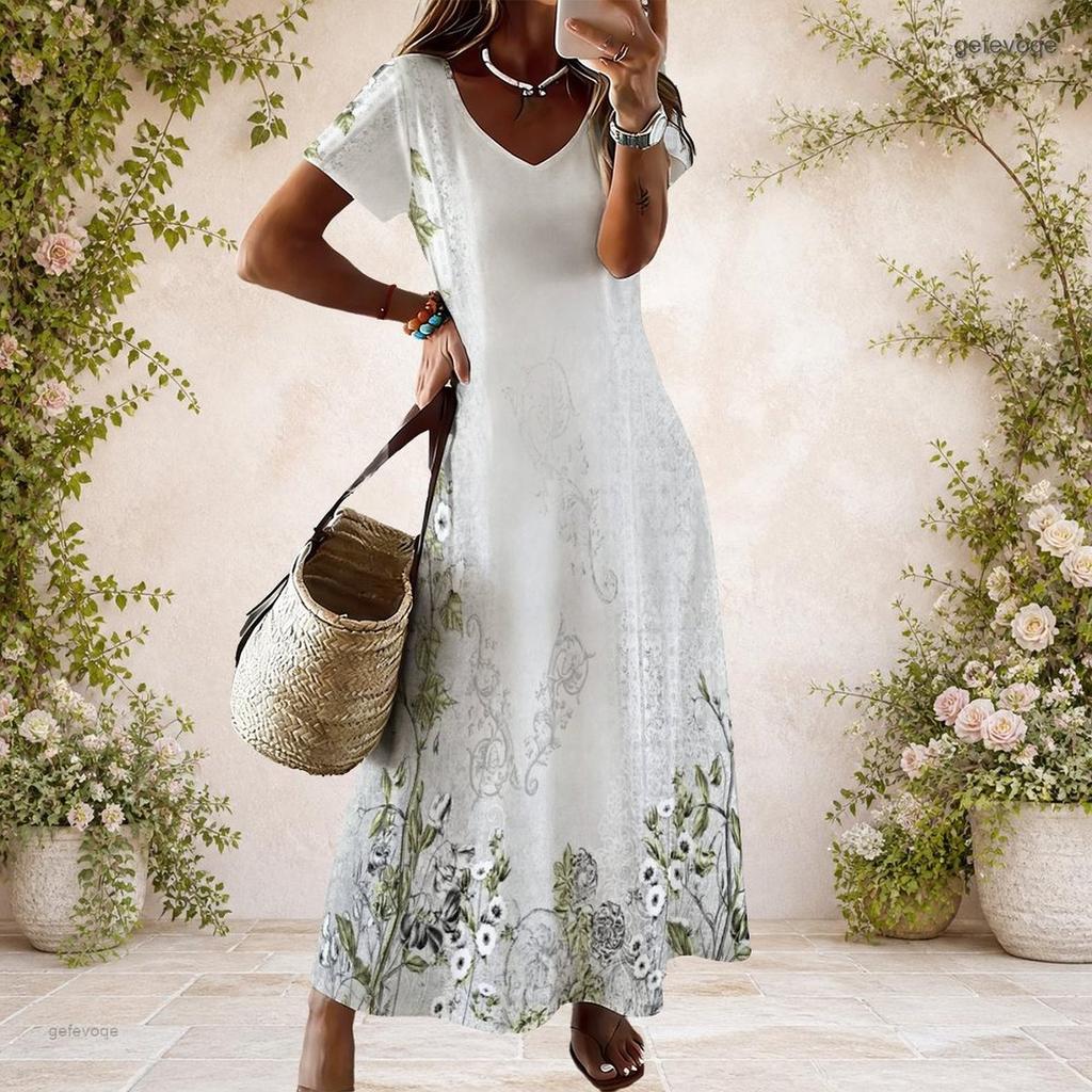 Women Plus Size V Neck Short Sleeve Gray Floral Printed Long Dress