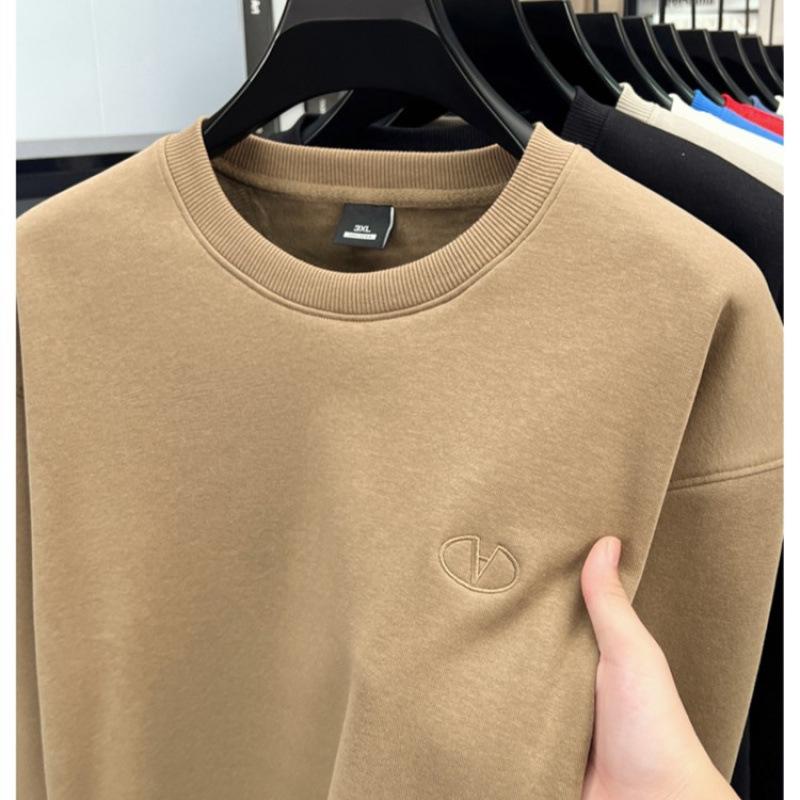 High-End Men's Royal Blue Embroidered Sweatshirt, Round Neck, Velvet-Lined for Autumn/Winter Warmth