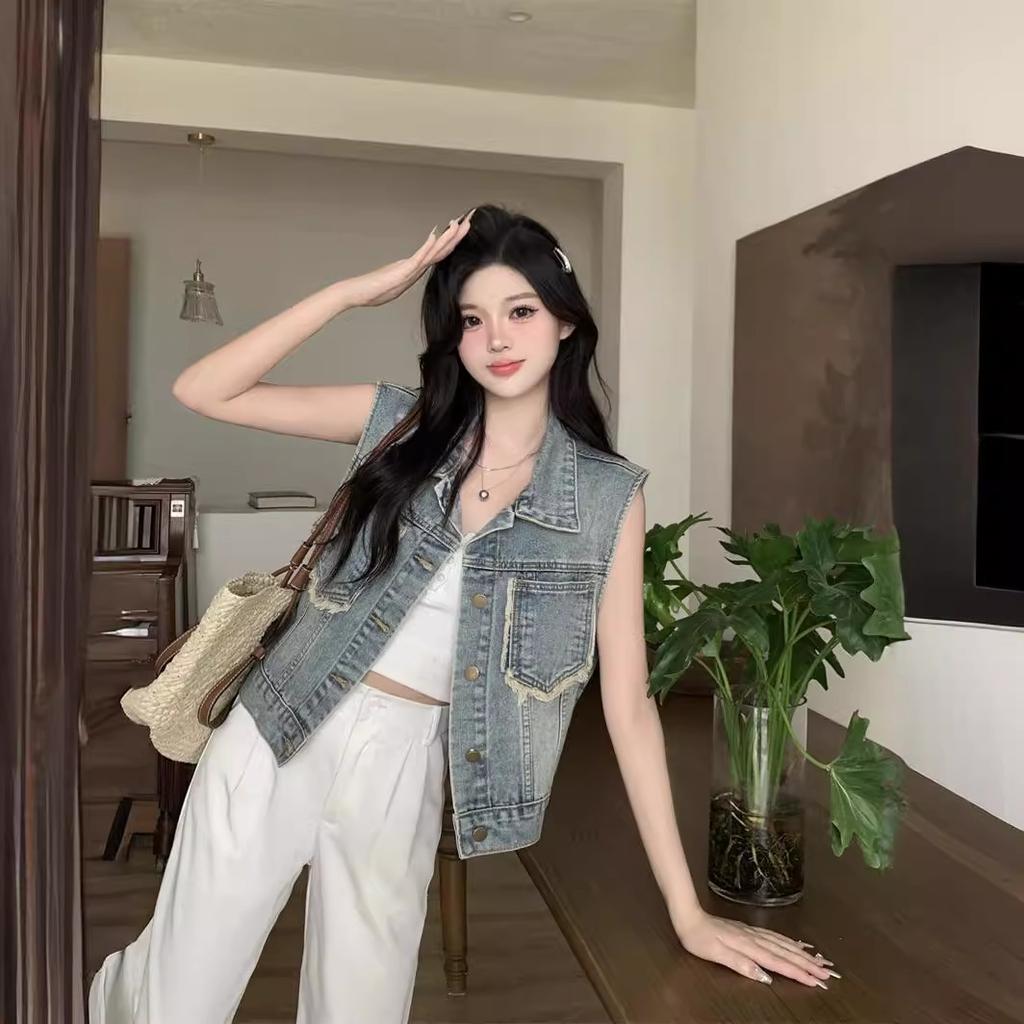 Fashion Raw Edge Denim Vest Jacket Women's Spring Summer Sleeveless Vest Shoulder Waistcoat