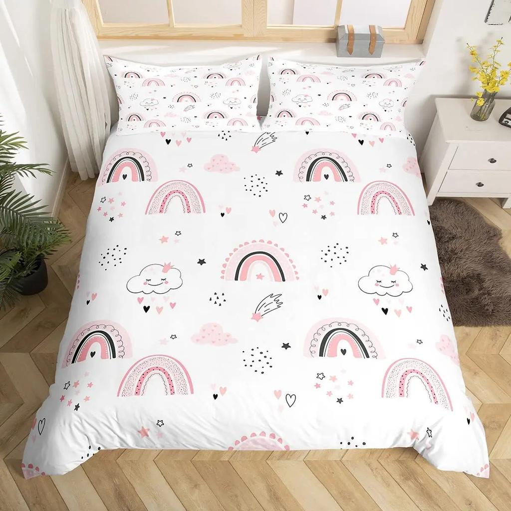 Red Valentine'S Day Rainbow Duvet Cover Twin Size,Cartoon Love Heart Bedding Set For Girls Women Moon Leaves Comforter Cover