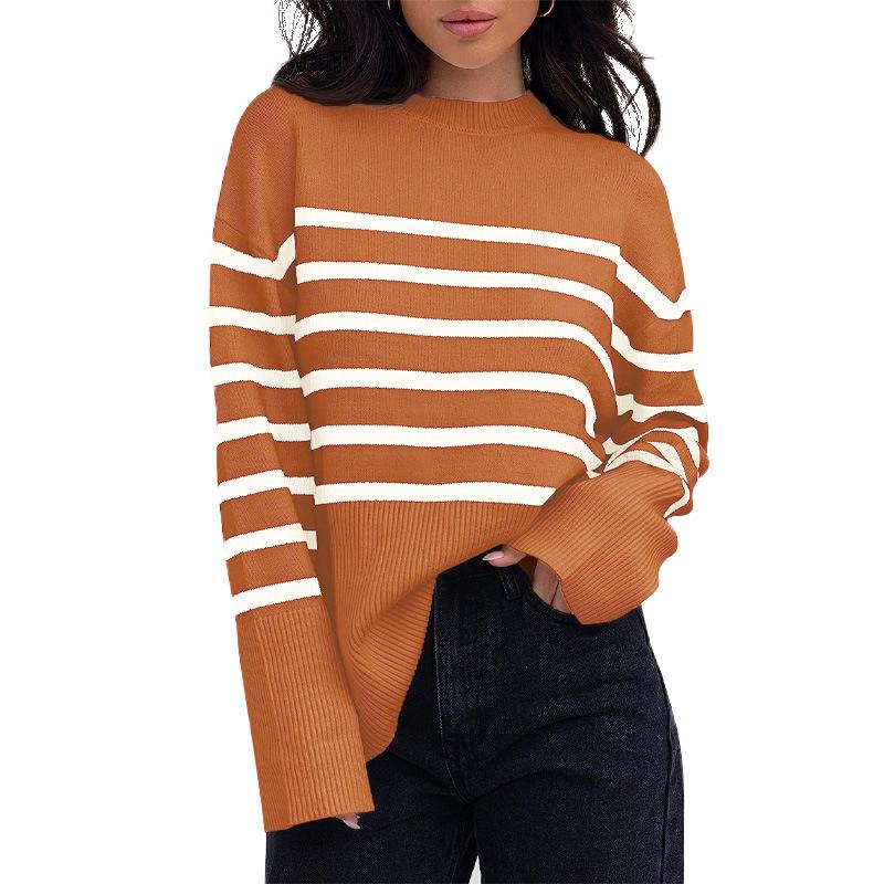 Women's knitted sweater 2025 autumn and winter new products European and American cross-border casual stripes loose crew neck pullover sweater
