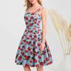 Women Prom Dress Strawberry Print A-line Big Swing Vintage Button Decor Sleeveless Back Zipper High Waist Backless Square Neck Cocktail Party