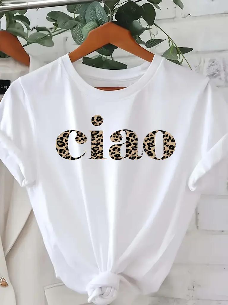Letter Ciao Leopard Heartbeat Short Sleeve Print Clothing Women's T-Shirt Harajuku Graphic Clothing Women's Top Tee