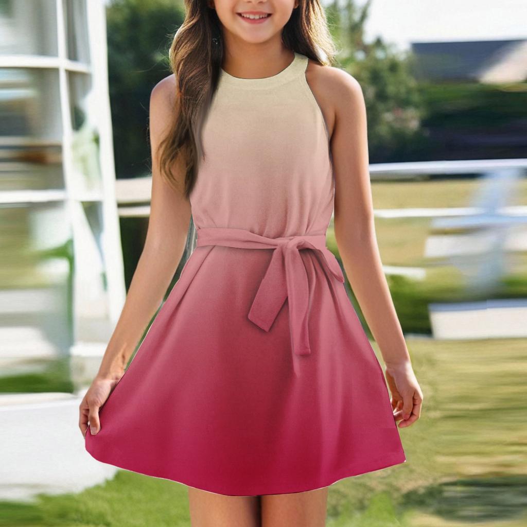 Летнее платье для девочек Платье без рукавов на бретельках Однотонное платье без рукавов с принтом Повседневное платье