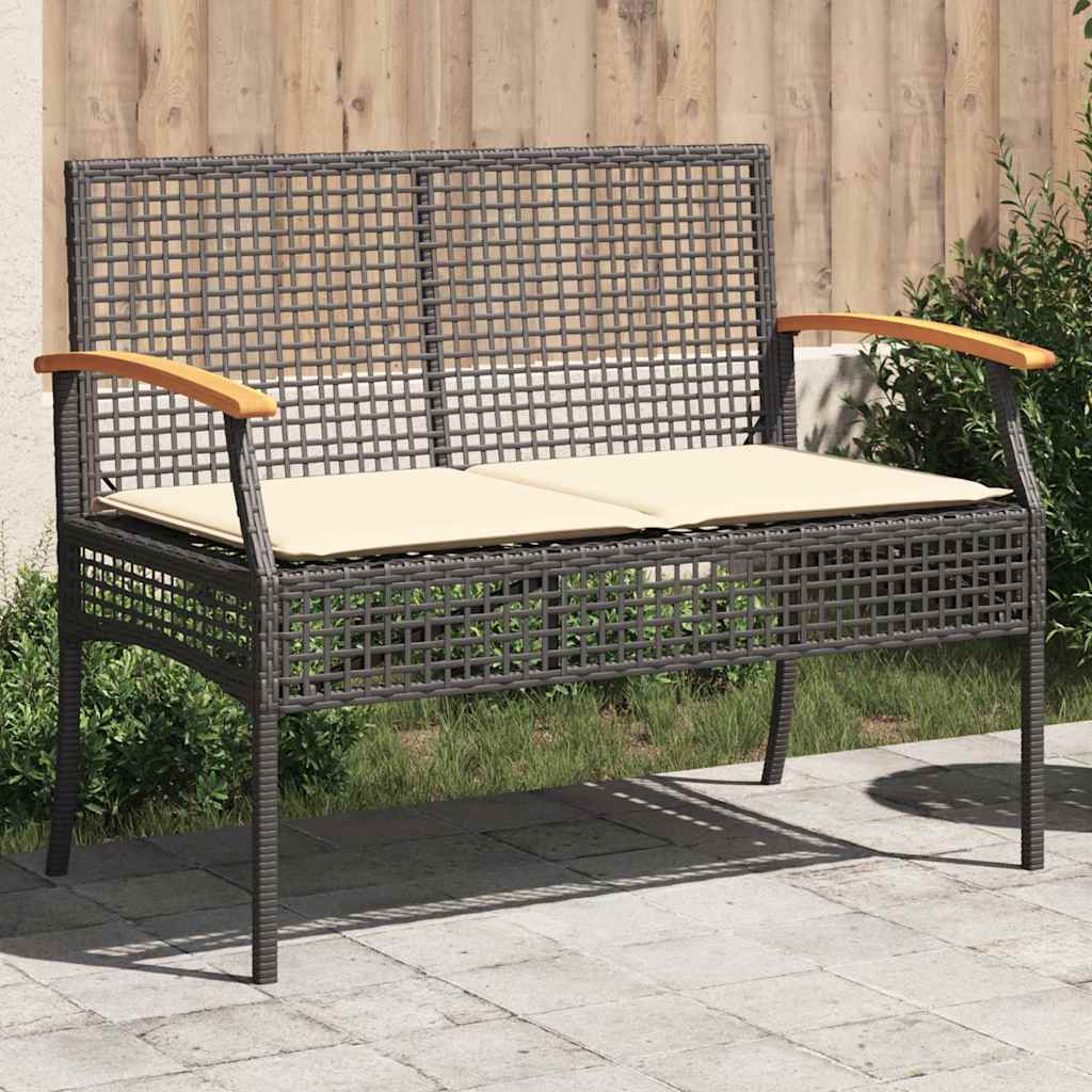 Garden Bench with Cushions Black Poly Rattan & Acacia Wood