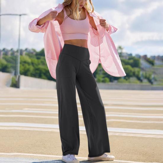 Женские штаны для йоги, однотонные, с высокой талией, широкие спортивные штаны с карманами, утягивающие живот, прямые брюки для платья