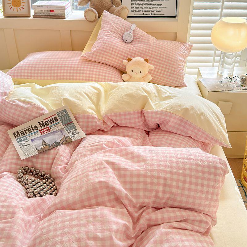 Pink Duvet Cover Set Classic Plaid Twin Queen Size Girls Boys Flat Sheet Pillowcase No Filler Soft Home Decor Bedding Set