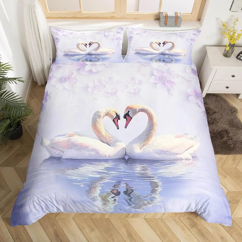 3D White Swan Bedding Set Red Floral Rose Printed Duvet Cover Set Cute Animal Super Soft Polyester Covers Gift For Lover