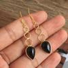 Yellow Gold Plated Earring, Black Onyx Moonstone Dangle Earring, Handmade Jewelry, Women Earring