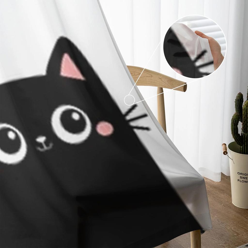 Две черные прозрачные шторы с котенком для окна гостиной, прозрачная вуаль, тюлевая занавеска, шторы для спальни, домашний декор