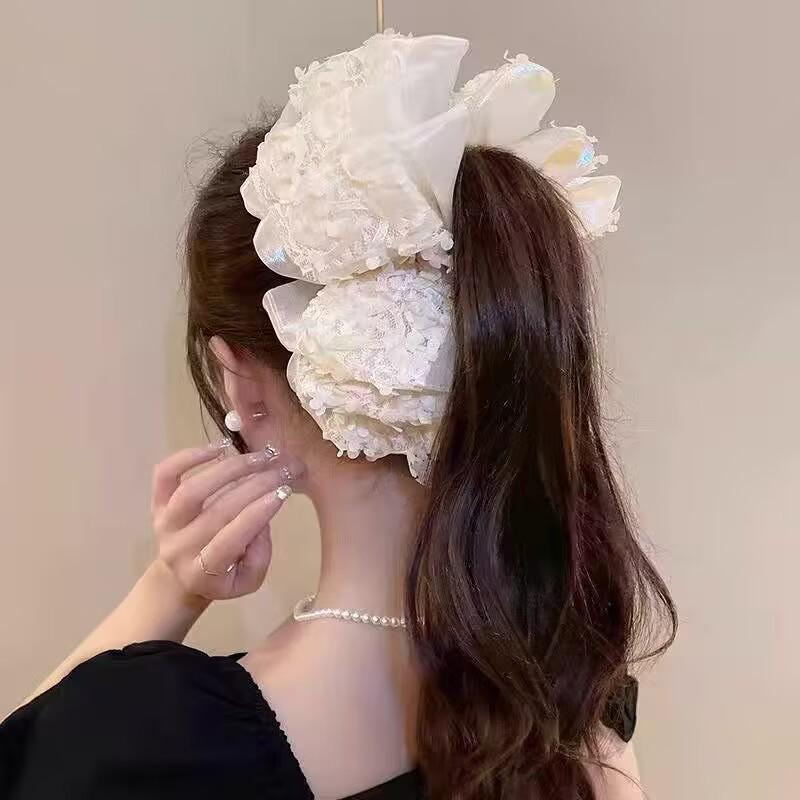 Large Summer Lace Edge Bow Claw Clip Hair Accessory for Women - Multi-Layer Feather Design