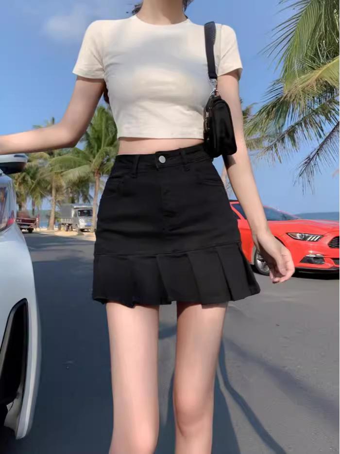 Юбка большого размера черная с завышенной талией и хвостом русалки - Лето 2024 Облегающая, плиссированная короткая в корейском стиле для женщин