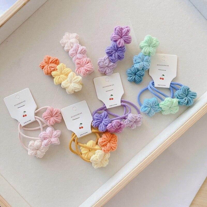 Cute Floral Hair Pin Elastic Hair Bands Handmade Woolen Knitting Hair Clips Barrettes for Children Girls Kids Hair Accessories