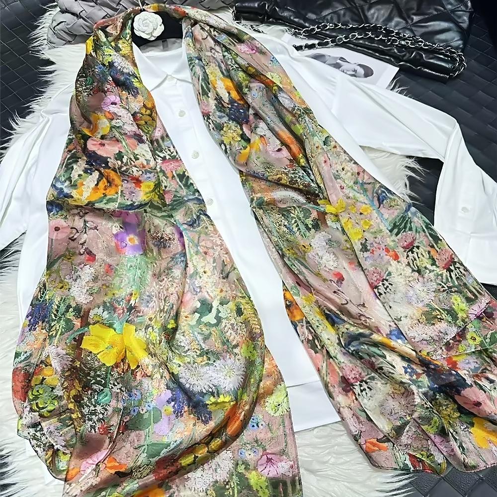 Белый 100% Шелковый Шарф Женские Шарфы Bufandas Летние Пляжные Шали Foulard Осень Зима Цветочный Дизайн Длинные Шарфы на Шею Хиджабы