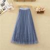 Vintage Tulle Skirt Women Elastic High Waist Pearl Mesh Pleated Skirts Summer A Line Skirt