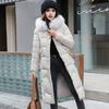 Winter Women Jacket Furry Hood Long Sleeves Pockets Knee Length Zipper And Button Closure Slim Waist Cotton Coat Mid Length Solid Color Windproof Warm