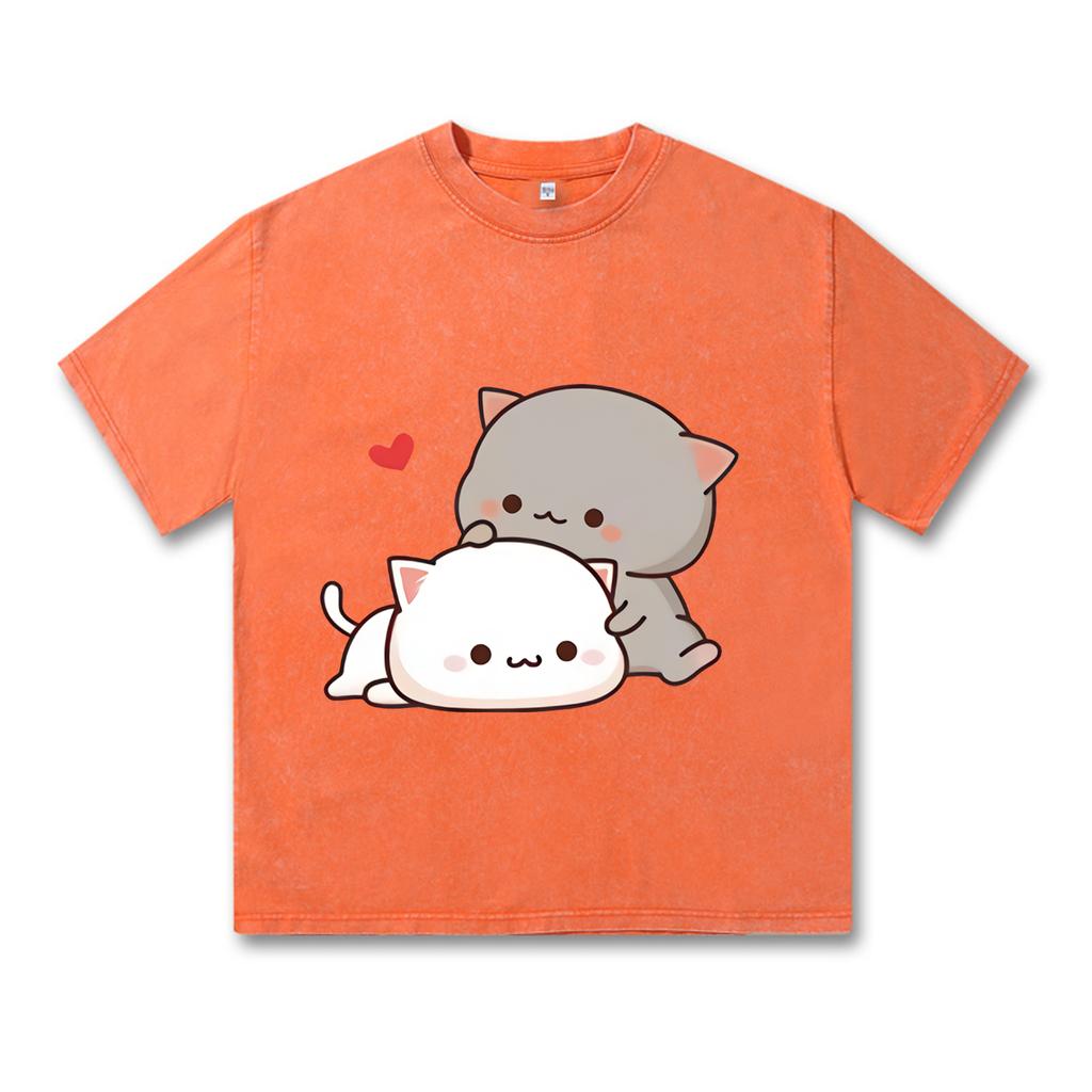 Футболка с аниме Kawaii Girl, флисовая футболка Harajuku, свободный повседневный свитер, милая парная футболка для подарка на День святого Валентина, винтажная футболка в стиле ретро с эффектом потертости