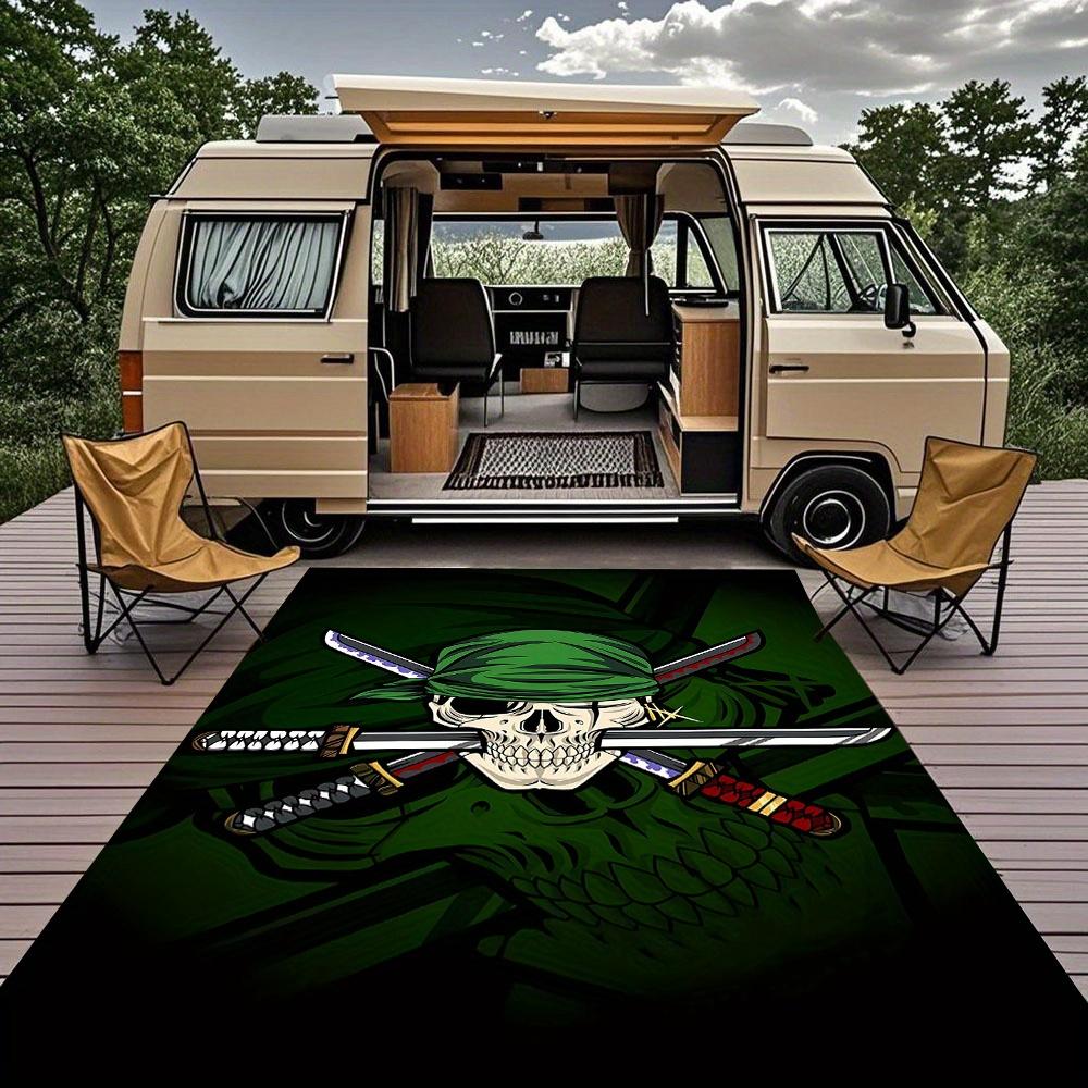 RV Camping Mat,Anime-Style Print with Three Long Knives Stabbed into a Skull Wearing a Pirate Bandana,Suitable for Outdoor Camping,Picnics,L